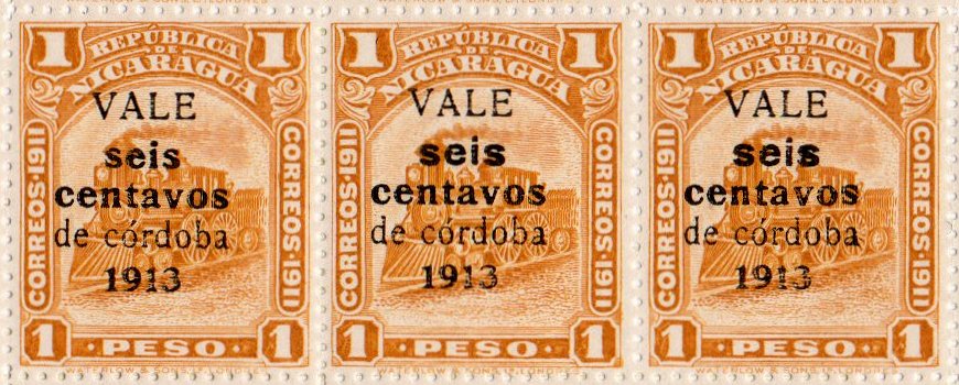 Nicaragua stamps 1913 surcharges Locomotive 6c / 1 Peso - varieties of 's' in 'seis' 